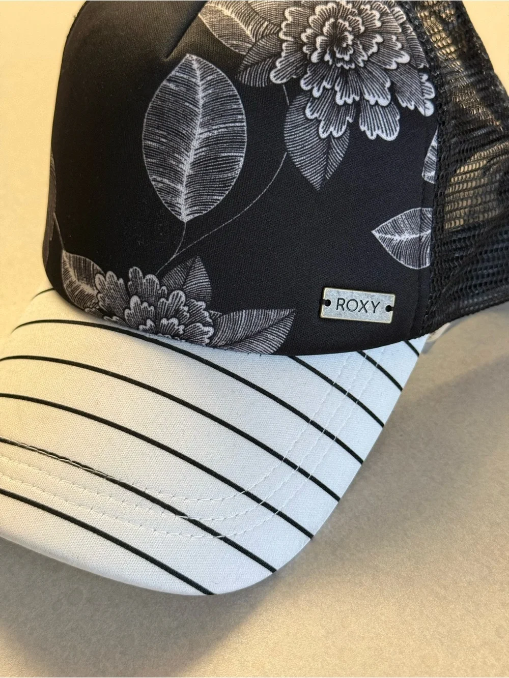 Roxy Black Floral Trucker Hat with White Striped Brim